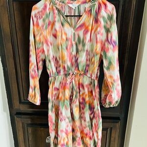 Time and Tru Multicolor Watercolor Dress Size Small Boho Peasant Tie Waist Dress